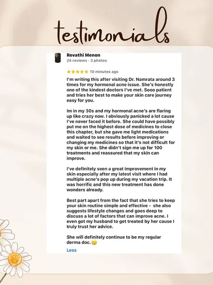 Nothing makes me happier than seeing my patients achieve their skin goals. This review from a patient I helped with hormonal acne highlights my approach: simple, effective routines and a deep dive into lifestyle factors.