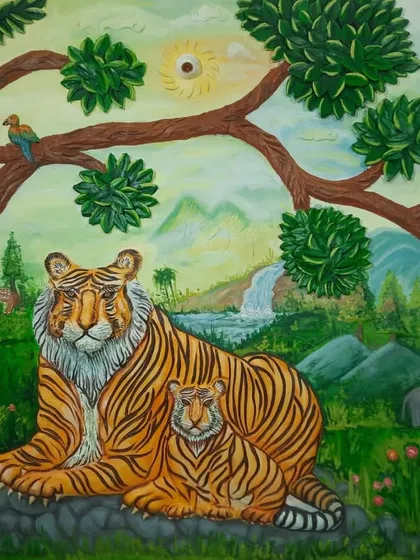A vibrant, fully painted mural depicting a tigress and her cub in a lush landscape. This shows how my 3D cement art can be transformed with color, creating a rich, story-filled scene that becomes the focal point of any space.