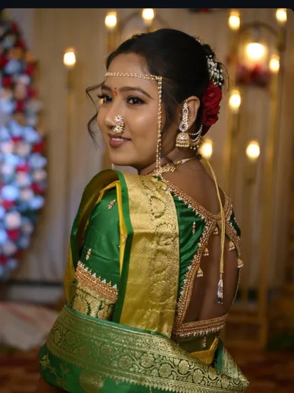 A bridal look is incomplete without the perfect hairstyle. I specialize in the traditional Khopa bun, adorned with fresh flowers and hair accessories, to complete your authentic Maharashtrian bridal look.