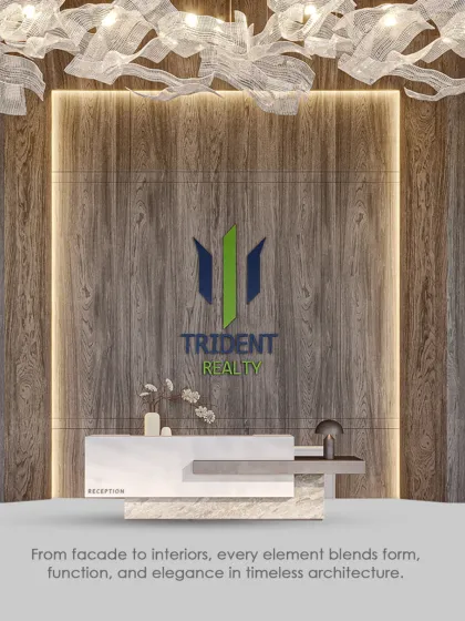 The reception desk at Trident Realty is a harmonious blend of clean lines, natural wood textures, and an organic light fixture. The design creates a warm and professional ambiance that makes a lasting first impression.