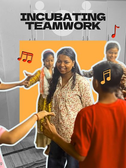 "Incubating Teamwork." Students participate in a group game, learning to coordinate and work together. These activities are crucial for building social skills.