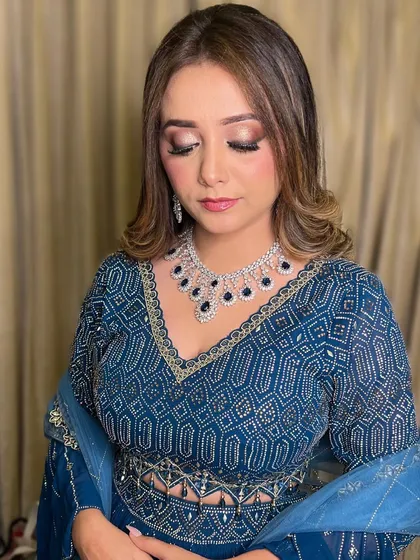 A close-up of the soft smokey eye created for this cocktail look. The blend of neutral tones is perfect for a sophisticated evening event.