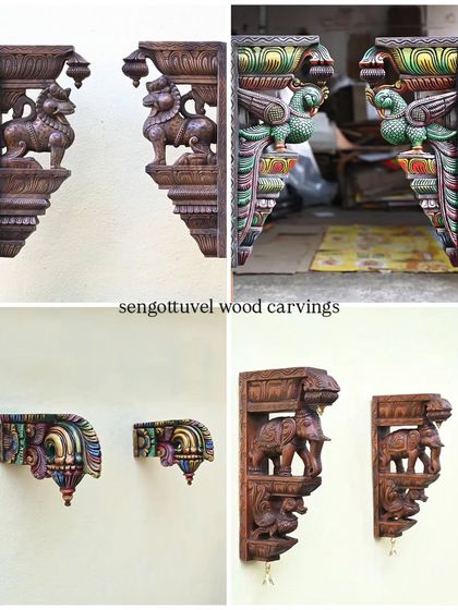 A collage showcasing the variety of our exquisite wooden brackets. You can see different motifs like the Lion Yali, parrots, and elephants, available in both natural wood and colorful finishes.