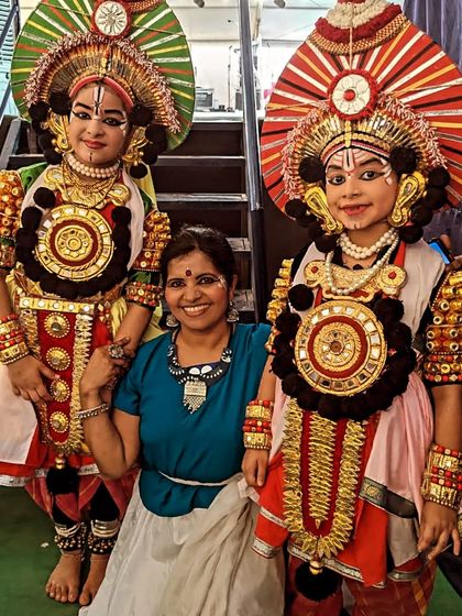 Posing with my young students dressed in elaborate Yakshagana-style costumes for our performance at the Karavali Utsava. We love incorporating folk elements into our choreography.