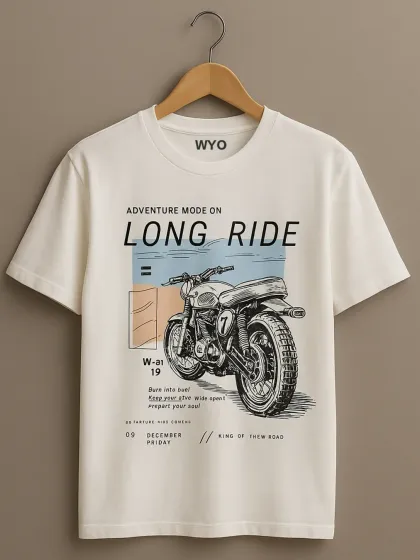 "Adventure Mode On: Long Ride." This stylish biker tee has a modern, graphic design feel, perfect for the king of the road.
