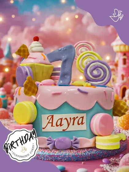 A candy fantasy cake for a 7th birthday. This colorful creation is loaded with macarons, lollipops, and cupcakes, making it a dream come true for any sweet tooth.