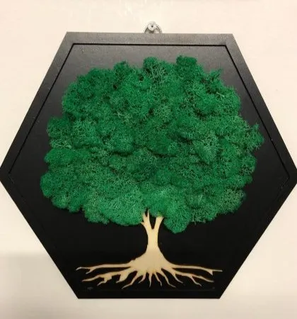 Bring nature indoors without the upkeep with our Evergreen Moss art. This piece uses real, preserved moss on a hexagonal wood panel to create a living wall effect that is completely maintenance-free, adding a touch of organic beauty to any room.