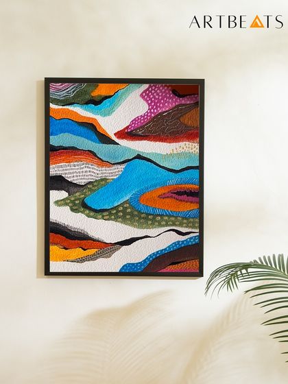Here is the finished 'Journeys Within' artwork, framed and ready to hang. The intricate details and layers of color and pattern create a piece that you can get lost in, discovering something new with every look.