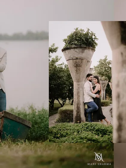 This collage shows two different perspectives from the lakeside shoot. One is a wide shot of the couple by the boat, and the other is a more intimate portrait against a stone structure.