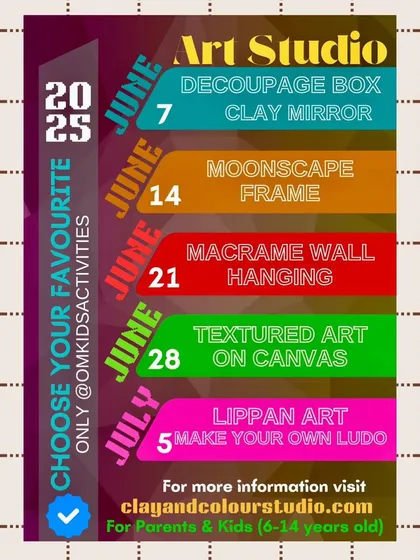 Here is a look at my upcoming summer art schedule, packed with a variety of creative projects for parents and kids. From Decoupage and Macrame to Textured Art and Lippan Art, there is a new skill to learn every week.