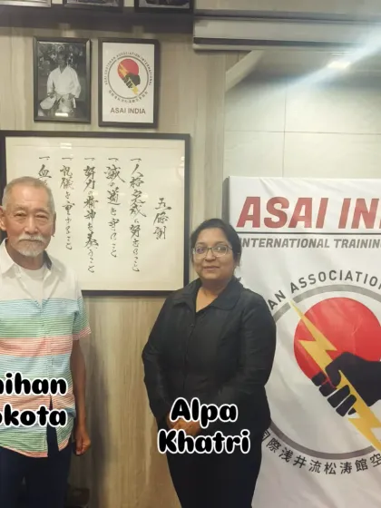 My wife, Sensei Alpa Khatri, with Shihan Yokota during an Asai India International Training Seminar. We both learn directly from him to ensure the quality and authenticity of our instruction.