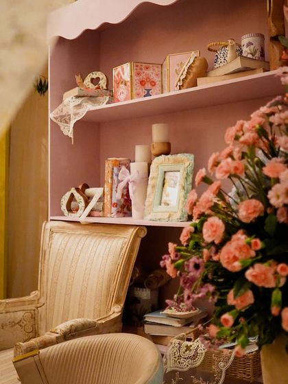 Another view of the lavender shelf, showcasing the mix of textures and props used to create a charming vignette.