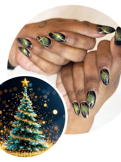 A unique take on festive nails with a deep green and black base, accented with gold cracks for a dramatic, marble-like effect.