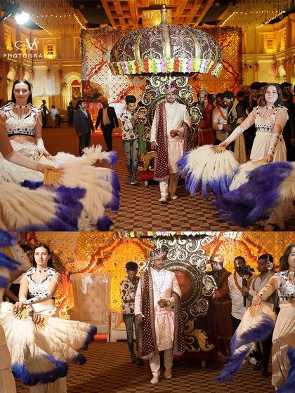 A collage capturing the groom's grand and festive wedding procession. His entrance is made spectacular with dancers and a decorated chariot, showing the energy of a big Indian wedding.