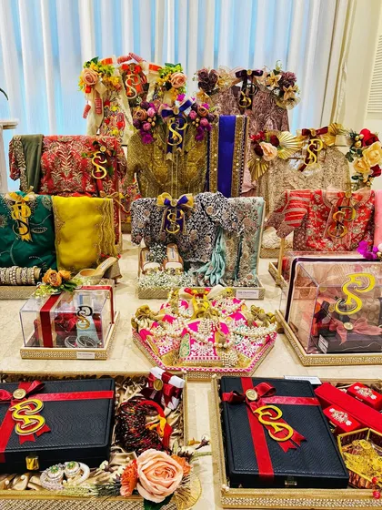 The entire trousseau collection, ready for the final reveal. This panoramic view highlights the scale and grandeur of my trousseau packing services.