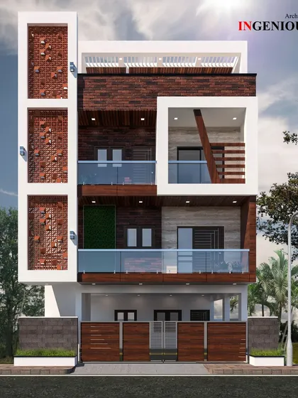 The facade of this proposed residence in HSR Layout features a unique vertical element with terracotta jalli screens. This is an example of how I use traditional materials in a contemporary context to create distinctive and culturally rooted home designs.