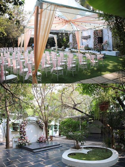 A look at two distinct event setups at Farmhouse Collective. The top image shows a classic wedding reception, while the bottom highlights a more rustic setup in our stone courtyard, demonstrating the venue's versatility.