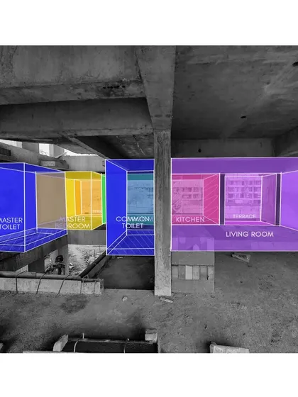 A similar visualization of a 2BHK layout, showing how different rooms are allocated within the open floor plan. This is a key step in our space planning process.