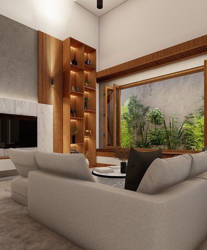 This perspective shows the spaciousness of the living area and how the geometric room divider adds visual interest without closing off the space.