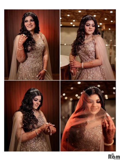 A collage of the bride's portraits, capturing her smiles, her beautiful gown, and a lovely shot with her veil.