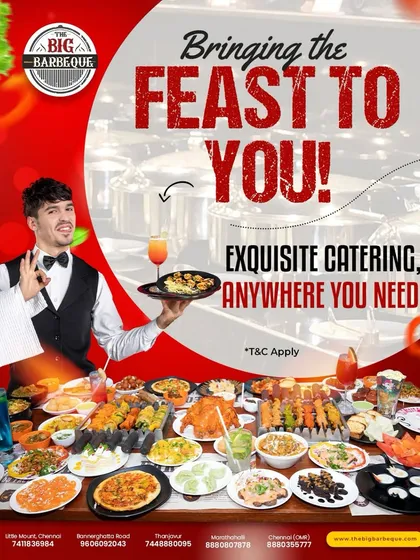 Imagine this entire feast at your next party. We bring the full Big Barbeque experience to you, complete with a massive spread of starters, main courses, and drinks, all served with professional flair.