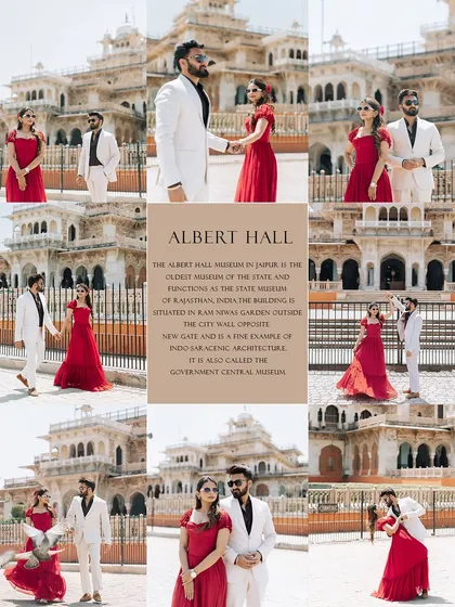 A large collage that tells the full story of a pre-wedding shoot at Albert Hall, showcasing a variety of poses, angles, and moments.