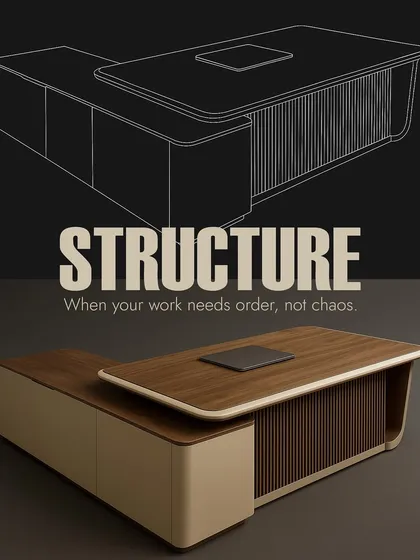 We transform concepts into reality. This image shows the journey of our executive desk from a structural wireframe to a finished product, designed to bring order and a sense of purpose to your work.