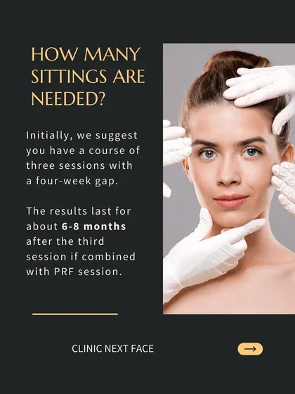 How many sittings are needed for an Organic Lift? We typically suggest a course of three sessions with a four-week gap. The results can last for about 6-8 months.