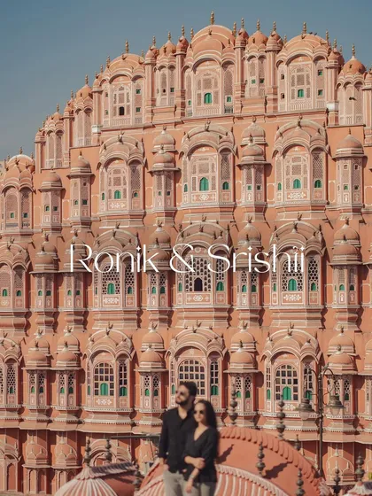 A beautifully designed title image for Ronik and Srishti's pre-wedding album, featuring them against the magnificent Hawa Mahal. We provide these touches to make your photo collection feel like a bespoke magazine feature.