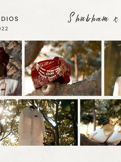 A storyboard showcasing the groom's details, from his portrait to his turban and shoes, telling a complete story of his wedding day look.