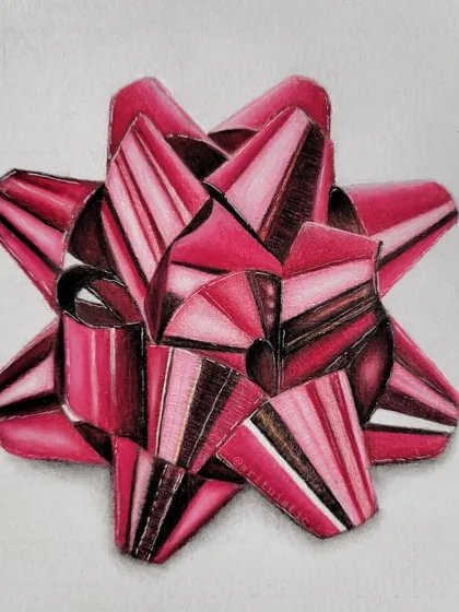 A realistic drawing of a shiny red Christmas gift bow, where I focused on capturing the complex reflections and folds.