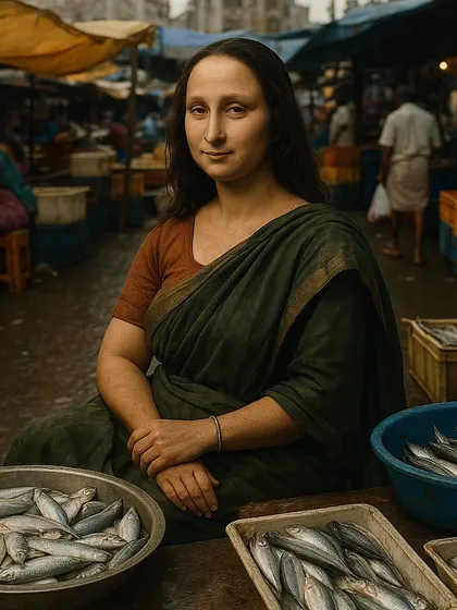 The Mona Lisa reimagined as a fish-seller in an Indian market. This piece from my 'Riyal Life' series places iconic figures from art history into mundane, everyday Indian settings.