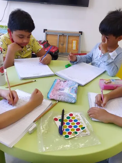 A focused group of young learners during one of my handwriting improvement classes in Mumbai. I make sure every child gets the attention they need to improve their neatness, speed, and overall confidence in writing.