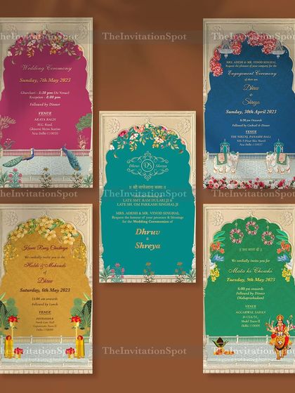 Rich and elegant Wedding PDF invites. This image displays a collection of five different event cards from a single wedding, each with a unique, vibrant color but a consistent royal design framework.