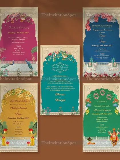 Rich and elegant Wedding PDF invites. This image displays a collection of five different event cards from a single wedding, each with a unique, vibrant color but a consistent royal design framework.