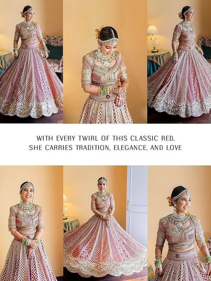 A collage of the bride twirling in her classic red lehenga, showcasing the tradition, elegance, and love embodied in her wedding day look.