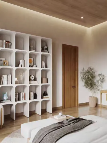 This bedroom project features a warm, minimalist design with natural wood tones and a focus on functionality. The renders highlight the clean lines of the furniture, a stylish bookshelf, and a calm, uncluttered aesthetic.