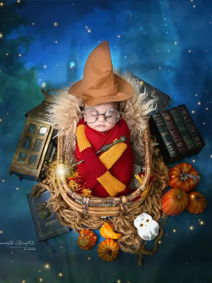 Wingardium Leviosa! Our tiniest wizard is ready for his journey to Hogwarts. This Harry Potter themed setup, complete with a sorting hat, magic wand, and glowing lights, is perfect for parents who want to add a touch of enchantment to their newborn's first portraits.