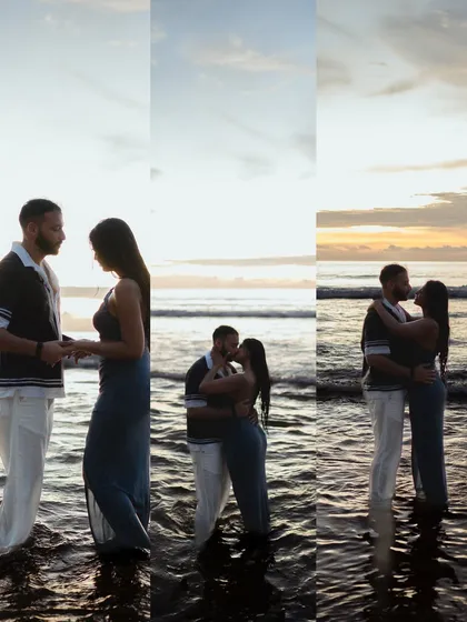 A collage showcasing different moments from a sunset beach shoot in Phuket. It captures the changing light and the couple's evolving interaction, from standing in the waves to a romantic embrace.