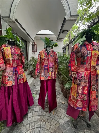 The three outfits showcase how one fabric can be transformed into completely different styles.