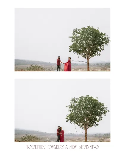 A minimalist diptych showing the couple standing by a lone tree, symbolizing their journey of starting a new life together.