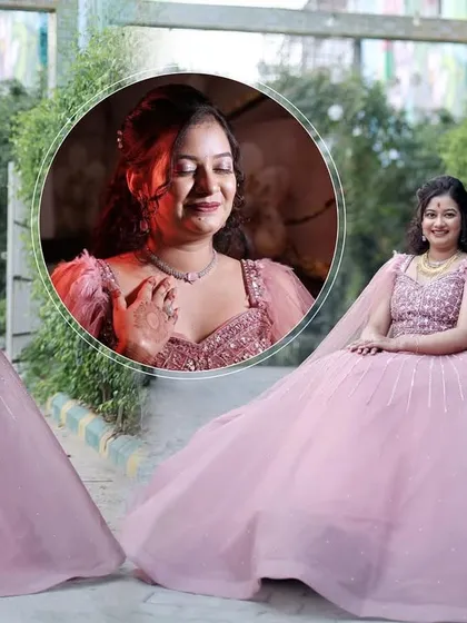 A collage of the bride in her pink engagement gown, showing her posing outdoors and sharing a happy moment.