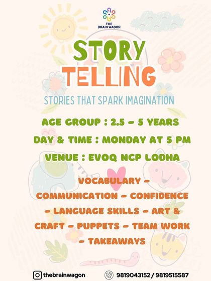 Another one of our Storytelling class flyers, showing the different times and locations available. I want to make our classes as accessible as possible for families.