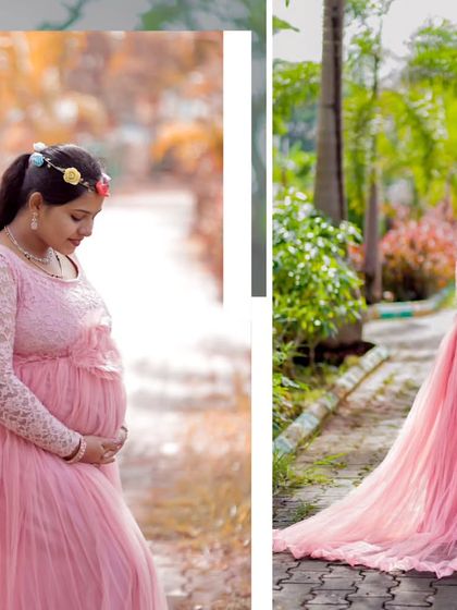 A collage showing the versatility of this pink lace-sleeve maternity gown. It looks beautiful from every angle, with a long train that adds a touch of drama.