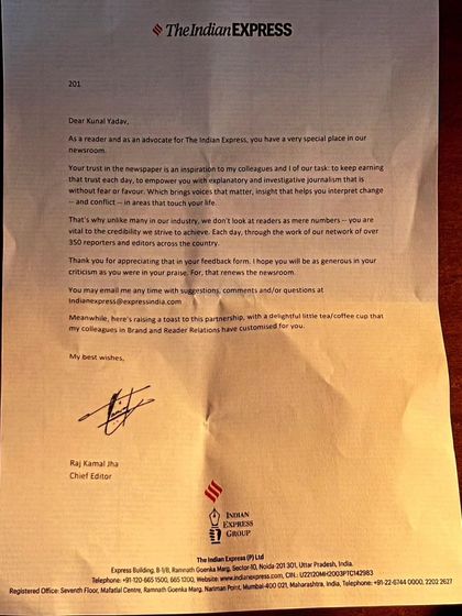 A letter from the Chief Editor of The Indian Express, Raj Kamal Jha. It is an honor to be recognized by an institution that has long advocated for the truth through its journalism.