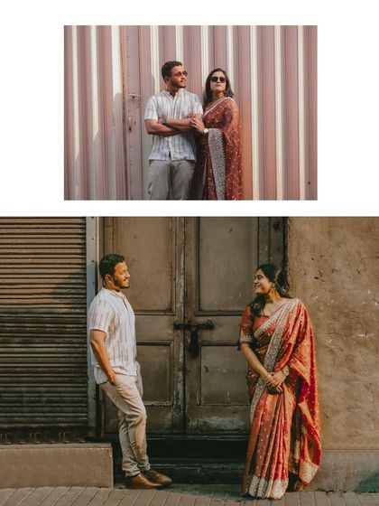 A collage showing the couple against different urban textures, from a modern container wall to a rustic old door, highlighting the diverse backdrops Mumbai offers.