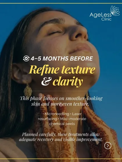 At the 4 to 5-month mark, we focus on refining your skin's texture and clarity. This is the ideal time for treatments like microneedling, laser resurfacing, or mild chemical peels, as it allows for adequate recovery and visible improvement.