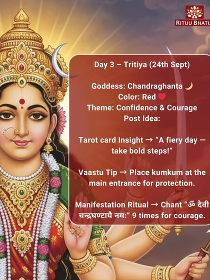 The third day of Navratri celebrates Goddess Chandraghanta, who brings confidence and courage. It's a fiery day for taking bold steps. For protection, place kumkum at your main entrance, and chant her mantra nine times to invoke courage.