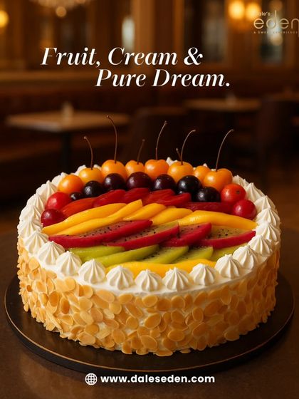 Fruit, cream, and pure dream. This mixed fruit cake is adorned with a colorful array of fresh fruits and surrounded by toasted almond flakes for a delightful crunch.