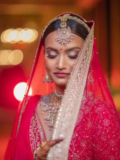 A bridal portrait is a moment of quiet reflection before a new beginning. I used the soft, ambient light to highlight her serene expression and the stunning details of her red bridal lehenga, creating a timeless, artistic photograph she will cherish forever.